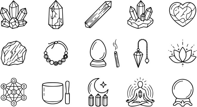 Spiritual and Esoteric Line Art Icons: Crystals, Meditation, Witchcraft  Mystical Symbols. Black  White Doodle Glyph Collection for Holistic Wellness.