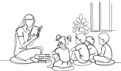 Woman reading book to children sitting in circle one line drawing  vector illustration