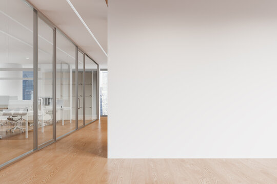 Minimal interior office corridor with glass partitions and a large blank wall ready for poster mockup or design presentation template. 3D Rendering