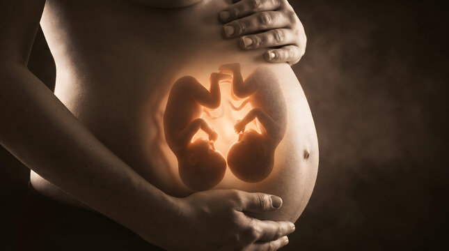 Conceptual illustration of a pregnant woman's belly showing a glowing visualization of twin fetuses in the womb during prenatal development.