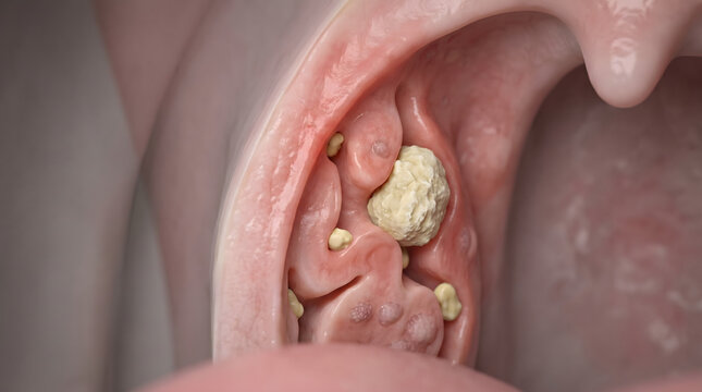 Close up medical 3d illustration of tonsil stones or tonsilloliths lodged in the inflamed crypts of human tonsils causing bad breath