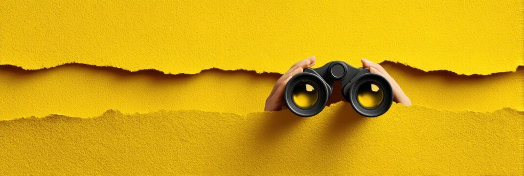Binoculars held by hands emerging through a torn horizontal slit in a yellow textured paper background with binoculars searching observation discovery exploration opportunity business strategy