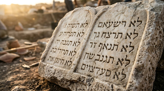 Ancient stone inscription with Hebrew text lies on a deserted ground surrounded by ruins and debris at sunset.