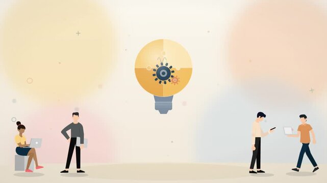 Business people around glowing light bulb with gears showing idea innovation and creativity