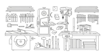 Naklejka premium Woodworking tools, workbench line art vector setup