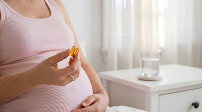 A pregnant woman holds two yellow prenatal vitamin softgel capsules in her hand, preparing to take her daily supplements at home.
