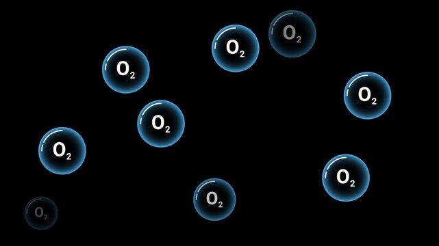 Floating oxygen O2 molecule bubble animation transparent background representing atmospheric gas breathing process and scientific concept