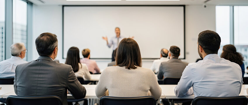 Diverse group of professionals attending a business seminar in a modern conference room with a projector screen.