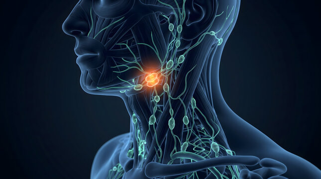 Anatomical 3D illustration showing the human lymphatic system in the neck with a highlighted inflamed cervical lymph node representing medical infection.