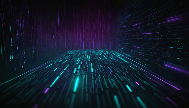 Dark cyber security background with abstract subtle glowing matrix code lines and neon teal and violet accents