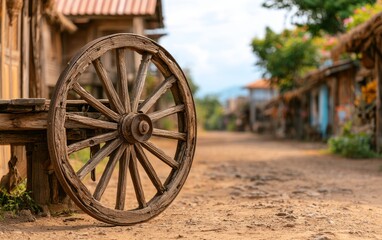 Obraz premium Antique Wooden Wagon Wheel on a Rustic Dirt Road Surrounded by Rural Architecture