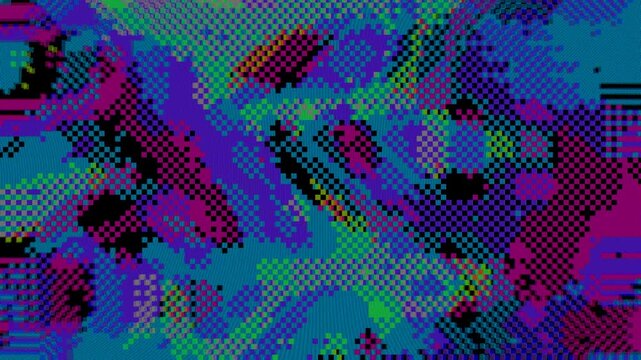Magenta and cyan 8bit pixel glitch with dithering and CRT scanline distortion looping on dark background. Animated digital corruption for festival flyer, Cyber Monday banner, and motion graphics.