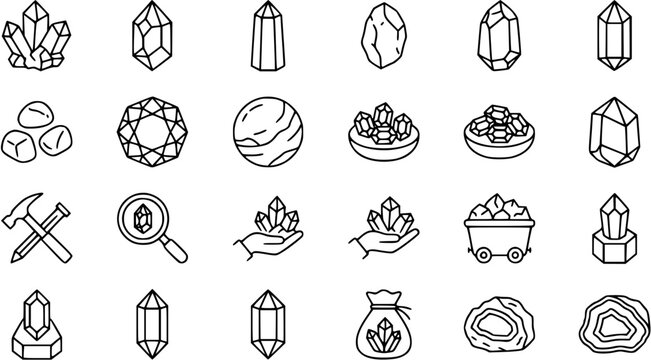 Outline Line Art Icons: Geology, Mining, Gemology - Crystals, Minerals, and Gemstones Vector Set