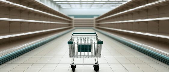 Fototapeta premium An empty shopping cart in a vast, empty supermarket aisle, with shelves stretching into the distance