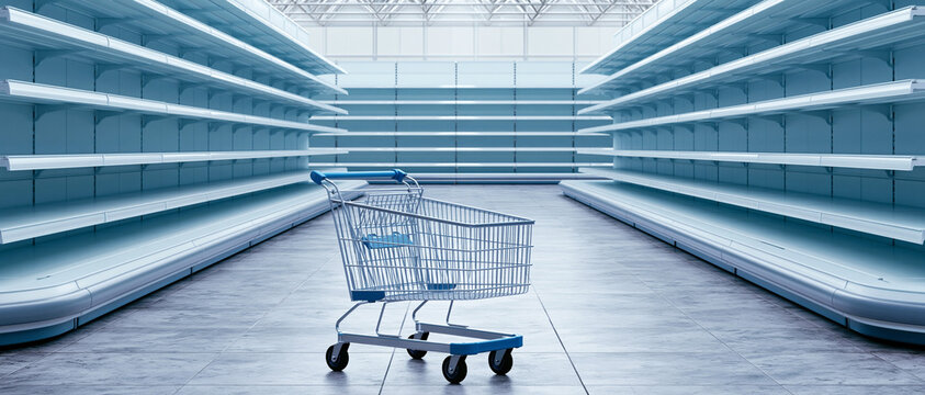 An empty shopping cart sits in the middle of a brightly lit, modern supermarket aisle with empty shelves on both sides. The scene suggests a lack of products.