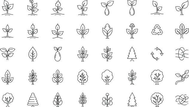 Plants, Trees, and Environmental Line Art Vector Icons Set with Seedlings, Leaves, Trees, and Eco-Friendly Symbols