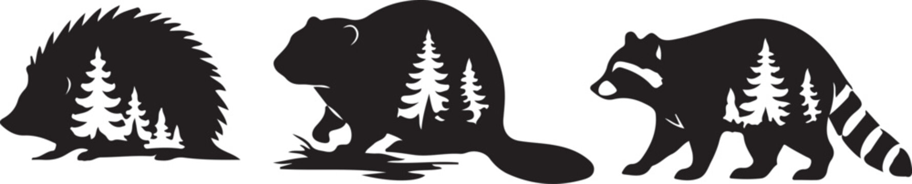 Hedgehog Beaver and Raccoon Forest Silhouette Wildlife Nature Vector Illustration.