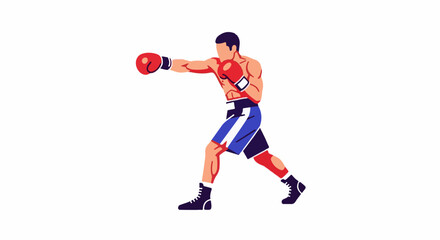 Obraz premium Muscular boxer in red gloves throws a punch, wearing blue and white shorts and black boots