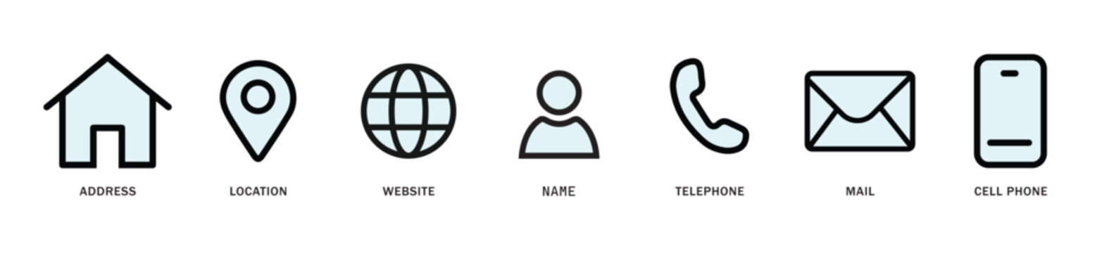 Business card and Website icon set. Contact information, Home, Phone, Location, Address, Website, mail, user simple black style vector symbol. Contact us icons set of different styles 
