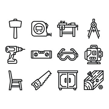Twelve Black Line Icons of Carpentry and Construction Tools isolated on white background