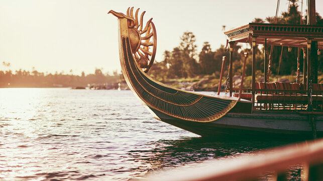 prow. A majestic Nile barge with a gilded sun disk prow sailing at dusk on calm waters. event programs, museum guides, designed for cultural heritage projects and event programs, supports education.