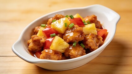 Fototapeta premium Delicious sweet and sour pork with colorful vegetables, closeup view
