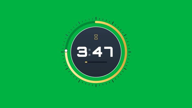 Circular countdown timer counting down to zero on green screen with depleting progress ring