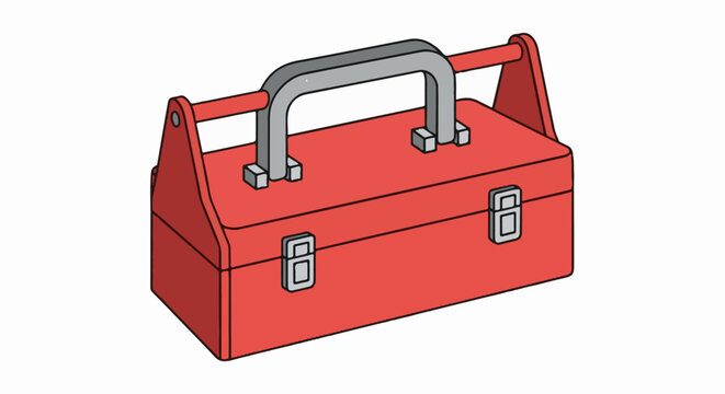 Red metal toolbox with gray handle and latches, isolated on white