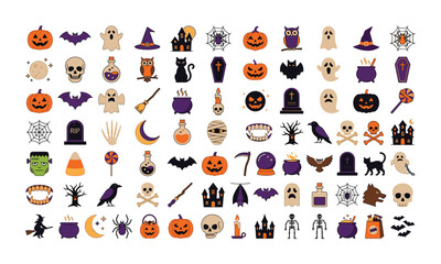 Obraz premium Halloween pixel art icon set, retro eight bit spooky vector illustrations, featuring pumpkins, ghosts, bats, skulls, witches, haunted house elements.