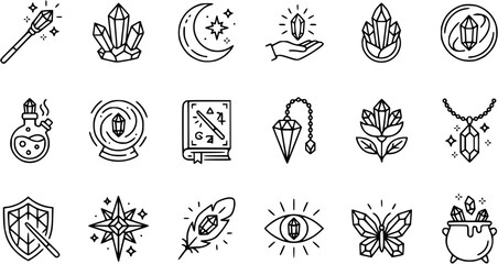 Obraz premium Esoteric Magic Symbols: Crystals, Wand, Potion, Moon, Eye, Butterfly, Cauldron - Line Art Icons