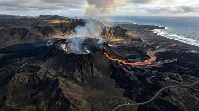 Aerial perspective of an active volcano erupting with glowing lava streams flowing toward the ocean coast under smoke clouds