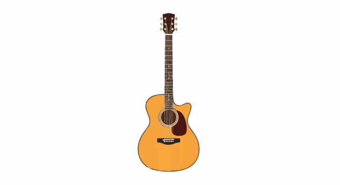 A six-string acoustic guitar, featuring a bright yellow body, dark wood neck, and fretboard details