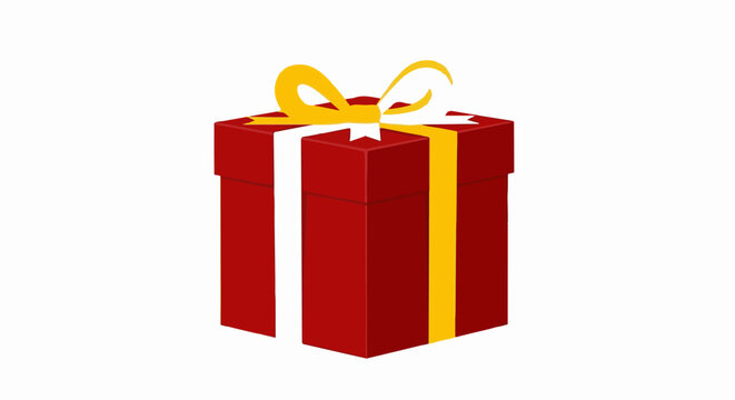 A red gift box with a yellow ribbon and white trim sits isolated on a white background