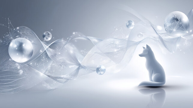 Elegant 3D render of a white fox silhouette with a panoramic network of flowing silver ribbons