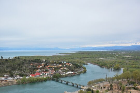 View from Rozafa castle near Shkodra towards the surrounding landscape with rivers, mountains and lakes in northern Albania