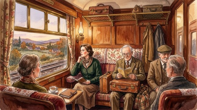 Friendly train compartment conversation with countryside views