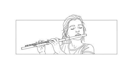 Obraz premium Young Woman Playing Flute with Eyes Closed, Musical Performance, Classical Music