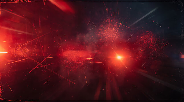 Retro film burn overlay effects feature scratch dust, motion blur, and red light leaks, combined with a distressed texture and analog grain. These elements create a light leak flare on a black backgro