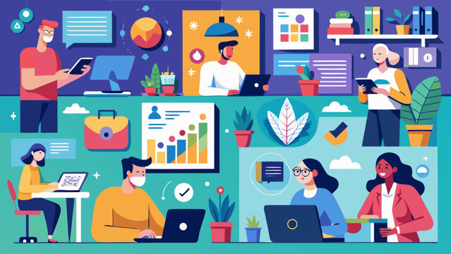 Remote workers, office team, collaboration, laptop computers, business productivity