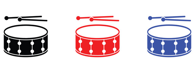 Set of three colorful drum and drumstick icons for musical instrument design, percussion art, and rhythm themed vector projects © MstMaya