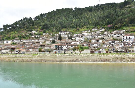 View of Berat, the city with thousand windows at the river banks of Lume i Osumit river, Albania