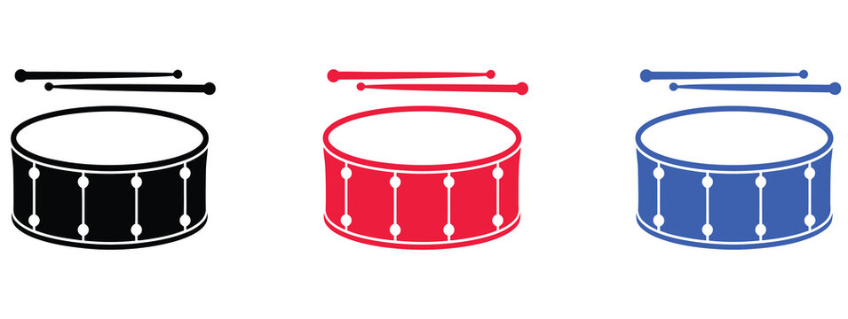 Colorful drum and drumstick icon collection featuring vibrant percussion instruments for music, entertainment, and festival designs