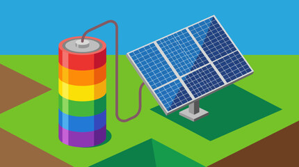 Naklejka premium Solar panel connected to a rainbow colored battery for renewable energy.