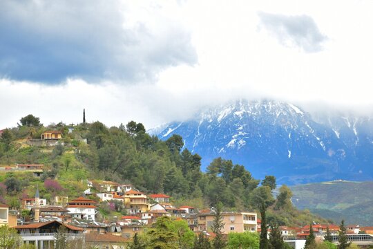 View of the surrounding mountains of National park Tomorr from Berat, Albania