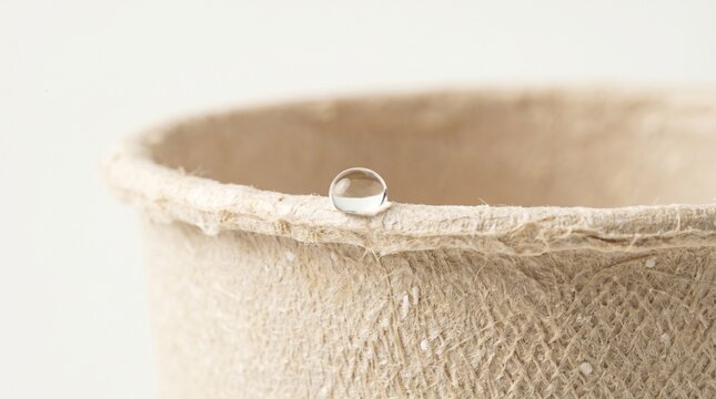 Extreme close-up macro photography of biodegradable cup edge with water droplet  