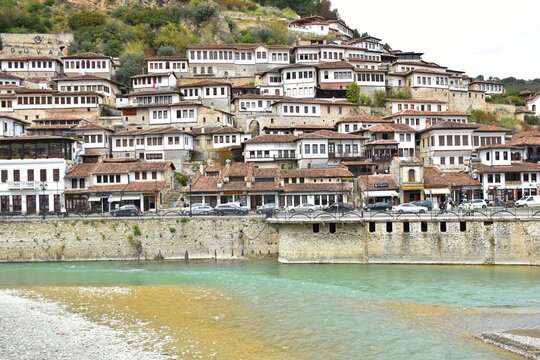 View of Berat, the city with thousand windows at the river banks of Lume i Osumit river, Albania