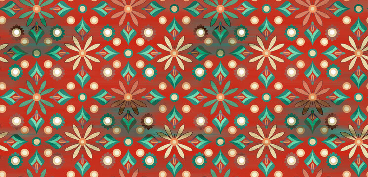 Seamless pattern with geometric daisies and folk motifs on a vibrant red background. Retro bohemian textile design.