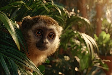 Obraz premium A small, curious monkey with bright eyes peering from dense green jungle foliage