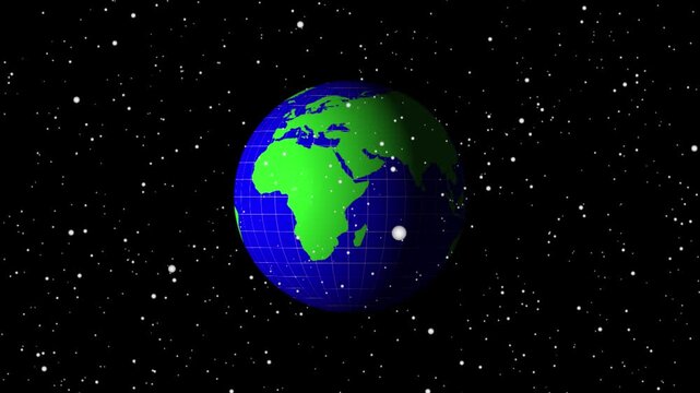 Rotating 3D globe of earth in space with stars. World map symbol for global geography and exploration. Animated earth globe graphic for science education.