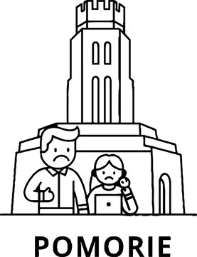 Line art of people visiting a monument in Pomorie